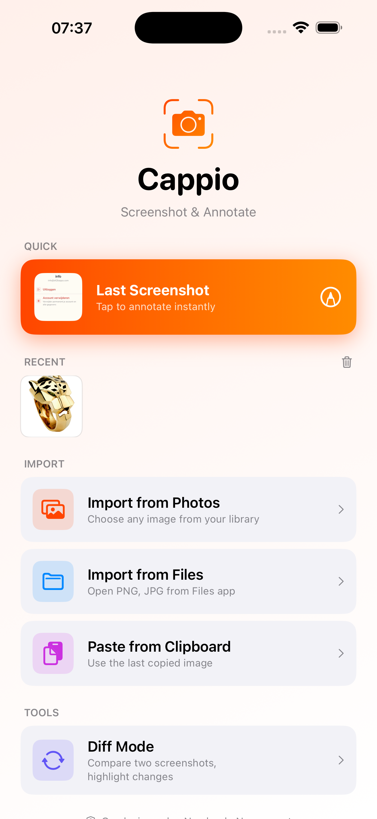 Cappio home met recente screenshot